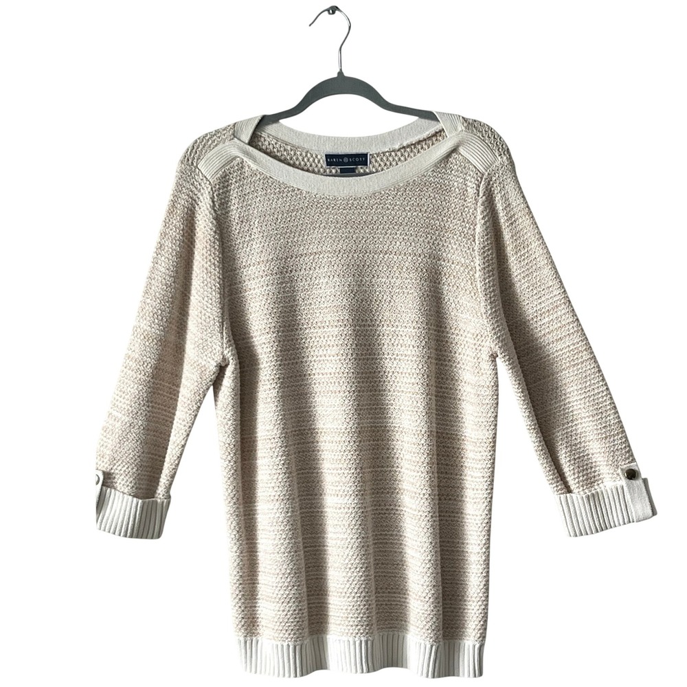 Karen Scott Womens XL Beige Cream Textured Knit Boat Neck 3/4 Sleeve Sweater